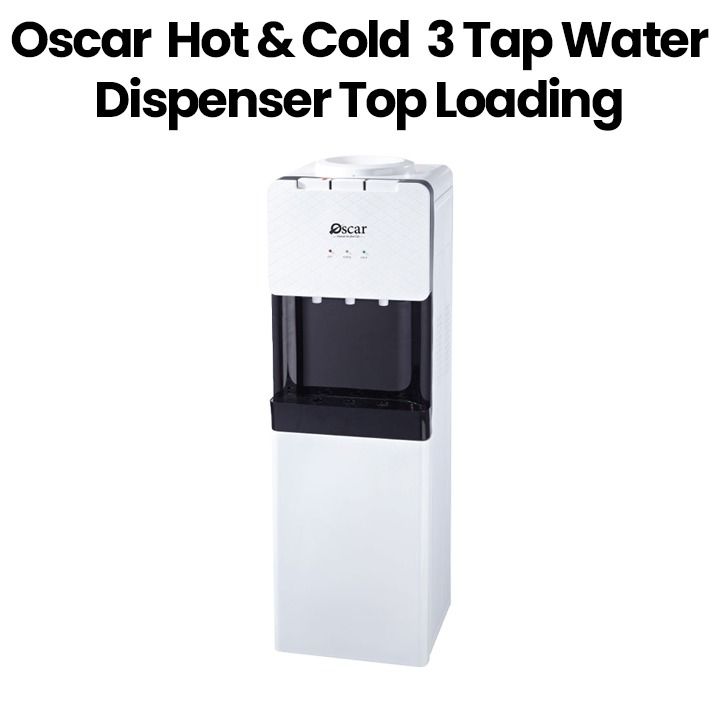 Oscar OWD3TR Hot & Cold 3 Tap Water Dispenser Top Loading With Refrigerator White With Black Deco Oscar OWD3TR Hot & Cold 3 Tap Water Dispenser Top Loading With Refrigerator White With Black Deco