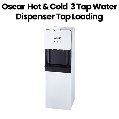 Oscar OWD3TR Hot & Cold 3 Tap Water Dispenser Top Loading With Refrigerator White With Black Deco