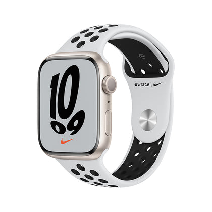 Apple Watch Nike Series 7 GPS 45mm Starlight Aluminium Case with Pure Platinum/Black Nike Sport Band- mkna3ae/a
