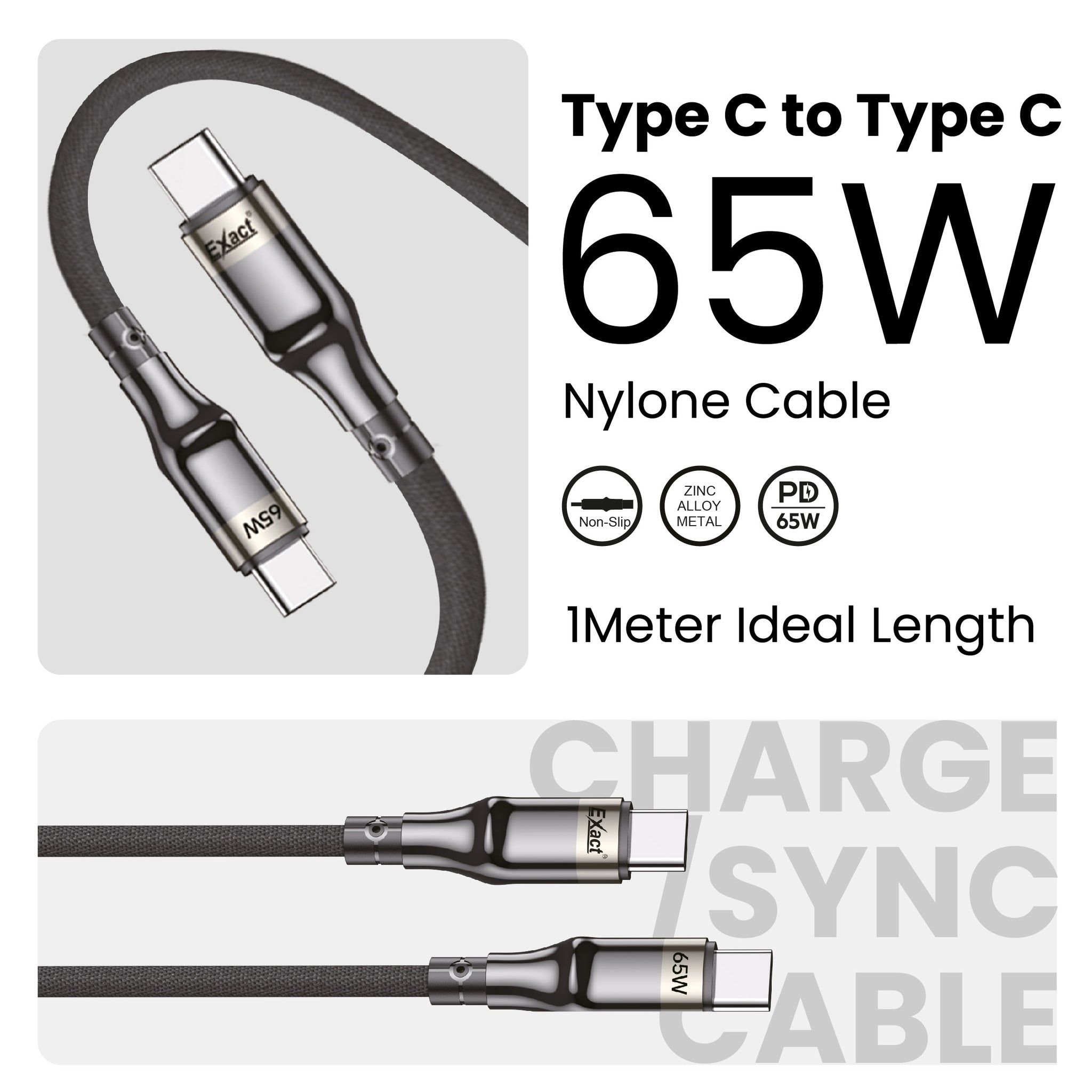 Exact Type C to Type C 65W Nylon Cable 1Meter Exact Type C to Type C 65W Nylon Cable 1Meter