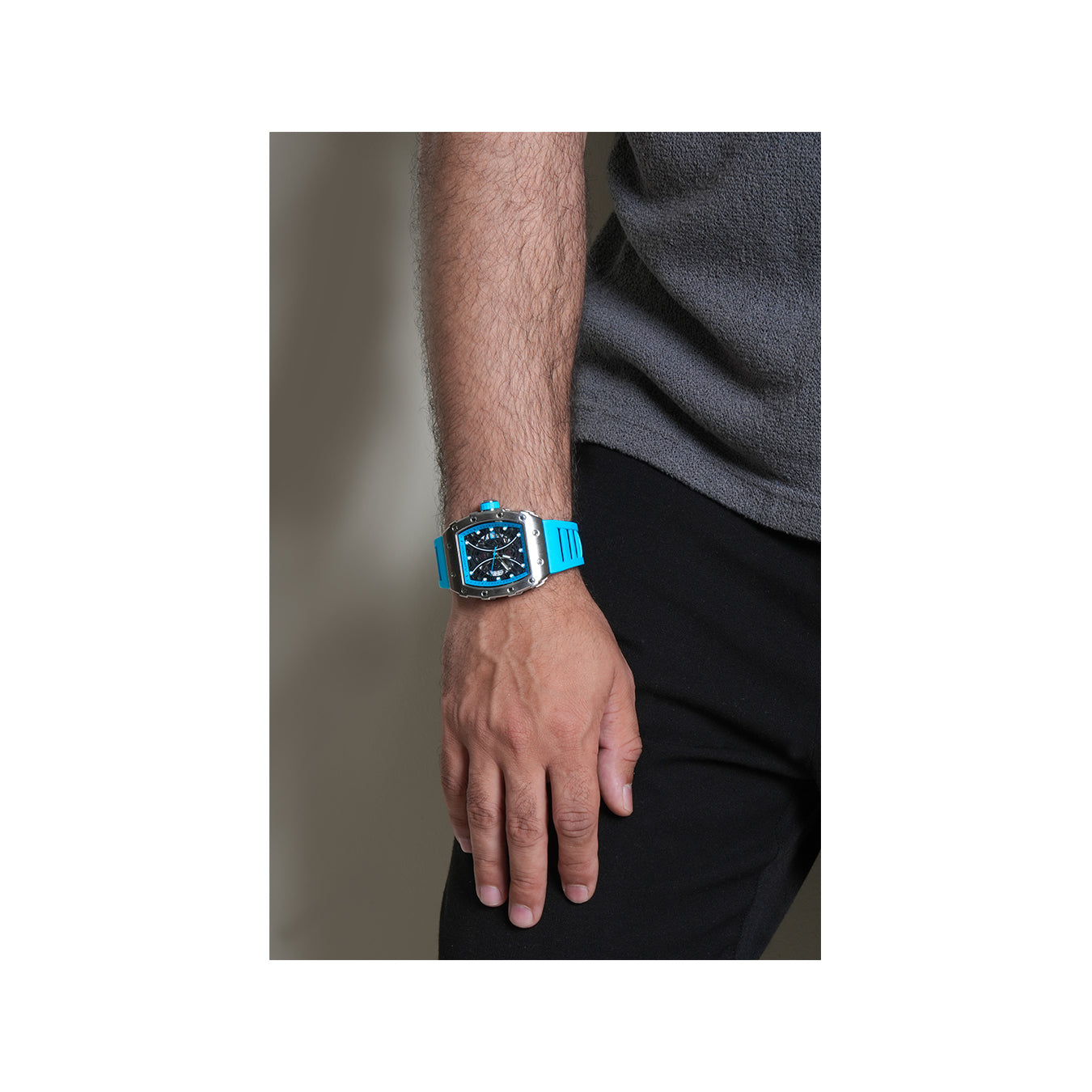 Aurochron Men's Skeleton Sport Watch – Blue Tonneau Dial – Silicone Strap – Date Display – Quartz Aurochron Men's Skeleton Sport Watch – Blue Tonneau Dial – Silicone Strap – Date Display – Quartz