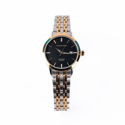 Aurochron Sapphire Quartz Watch – Black Dial – Two Tone Stainless Steel Bracelet – Date Display