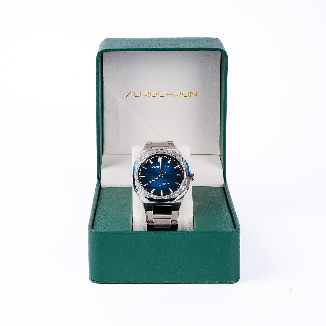 Aurochron Men's Classic Watch – Blue Textured Dial – Silver Stainless Steel Bracelet – Water Resistant Quartz Aurochron Men's Classic Watch – Blue Textured Dial – Silver Stainless Steel Bracelet – Water Resistant Quartz