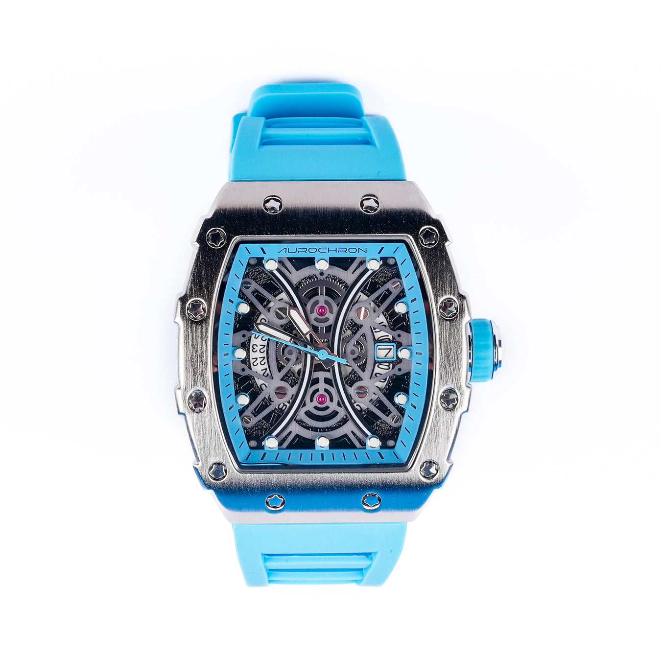 Aurochron Men's Skeleton Sport Watch – Blue Tonneau Dial – Silicone Strap – Date Display – Quartz Aurochron Men's Skeleton Sport Watch – Blue Tonneau Dial – Silicone Strap – Date Display – Quartz