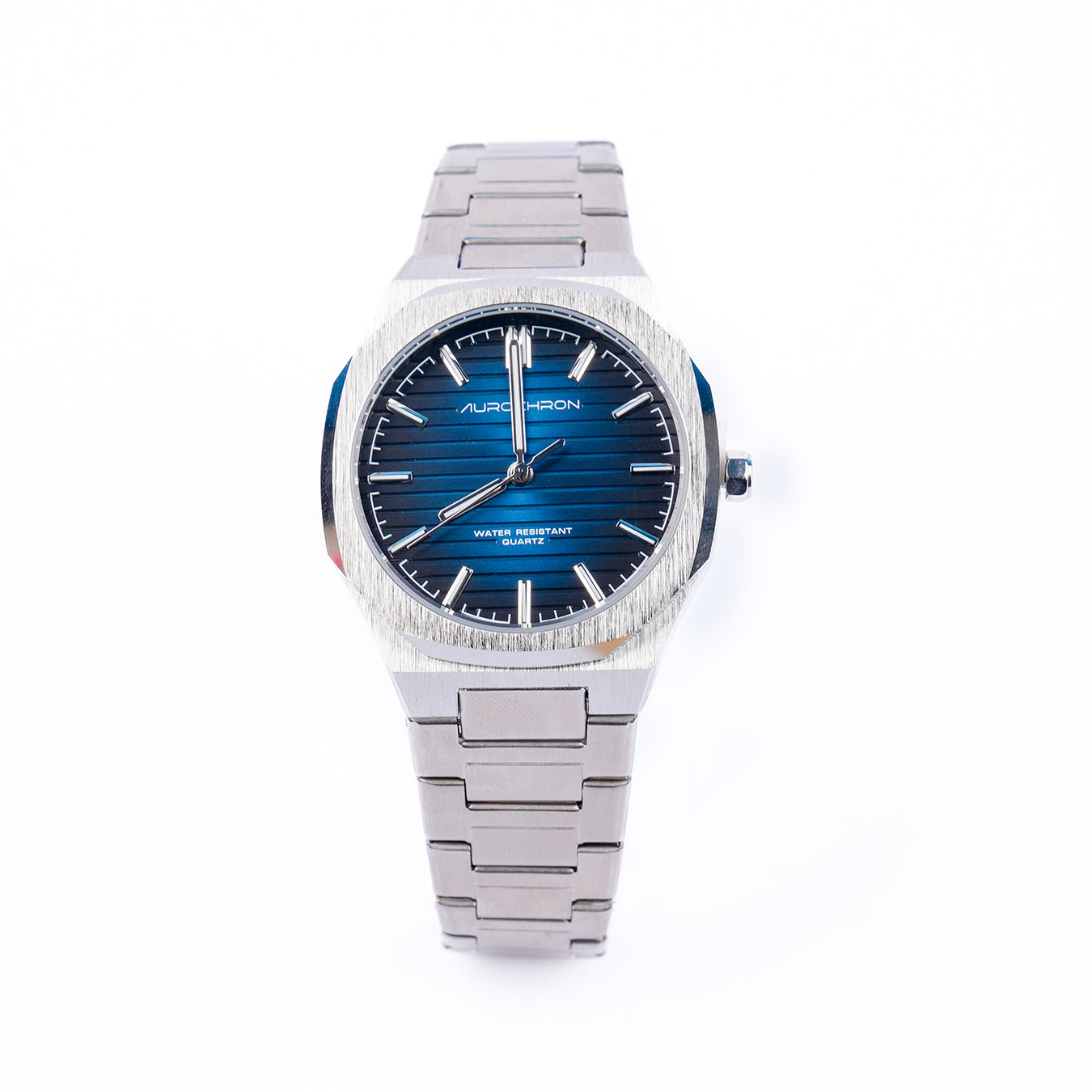 Aurochron Men's Classic Watch – Blue Textured Dial – Silver Stainless Steel Bracelet – Water Resistant Quartz Aurochron Men's Classic Watch – Blue Textured Dial – Silver Stainless Steel Bracelet – Water Resistant Quartz