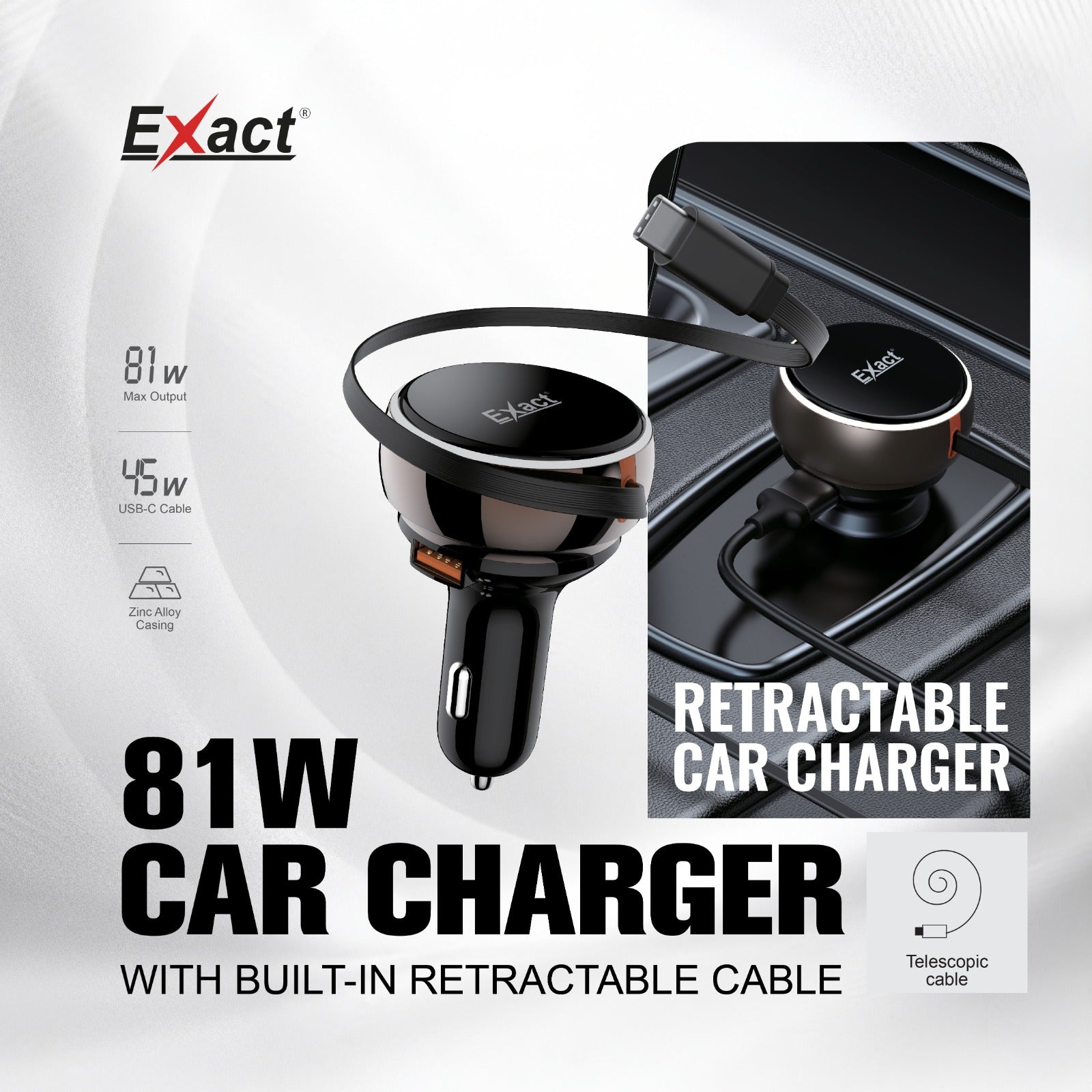 Exact 81w car charger with built-in retractable cable Exact 81w car charger with built-in retractable cable